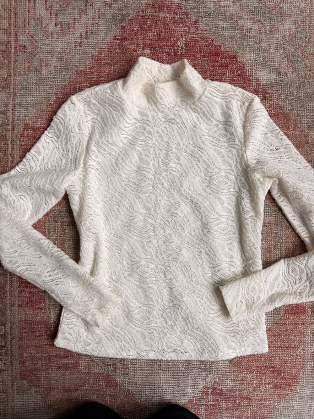 Anthropologie Cream Lace-Texture Turtleneck Long Sleeve Top